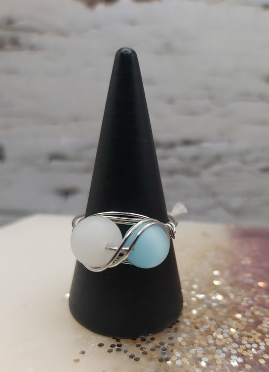 Wire Wrapped Ring- Stainless Steel Wire With Frosted Beads. Size 7