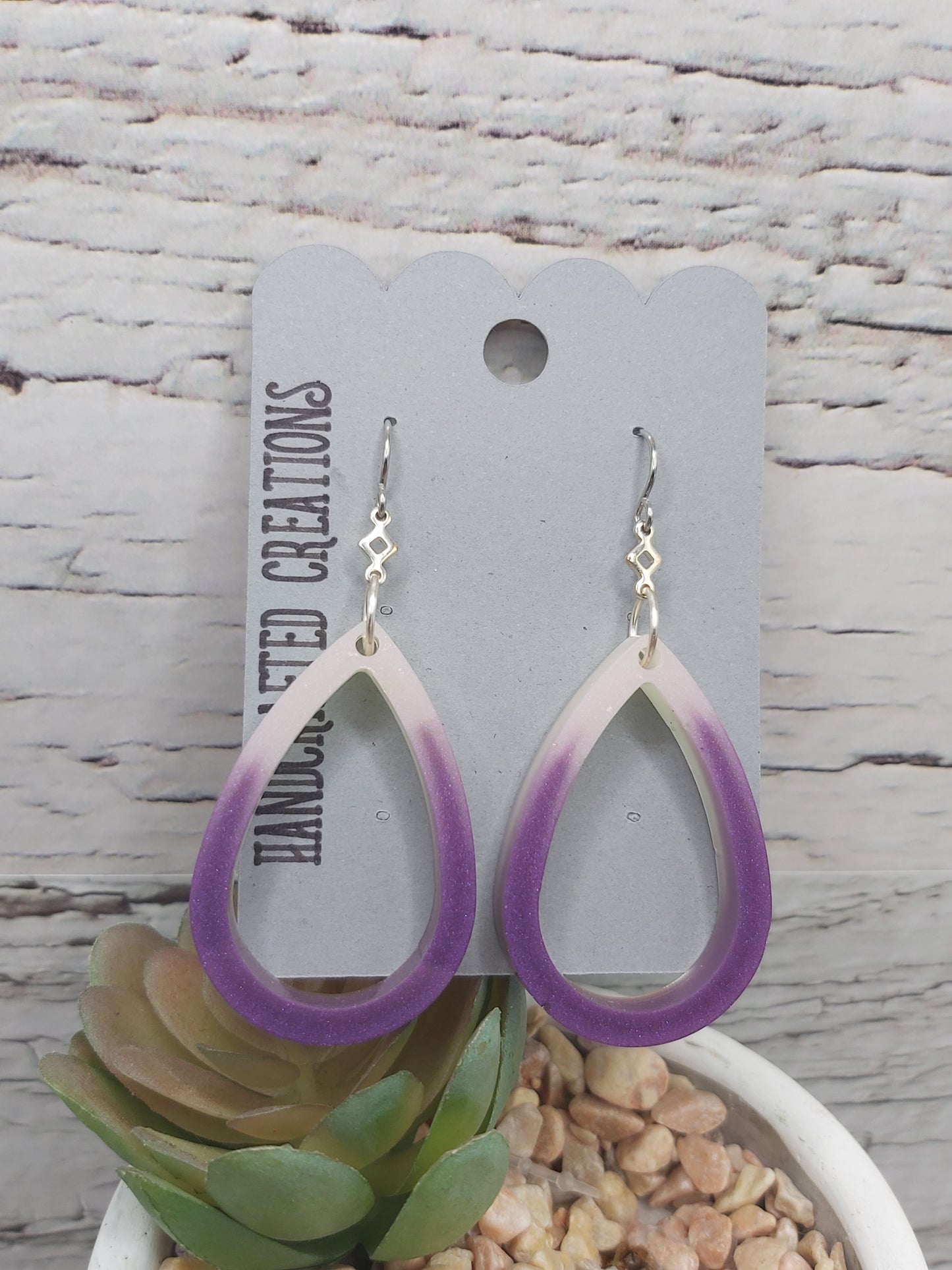 Teardrop Shaped Purple and White Resin Earrings