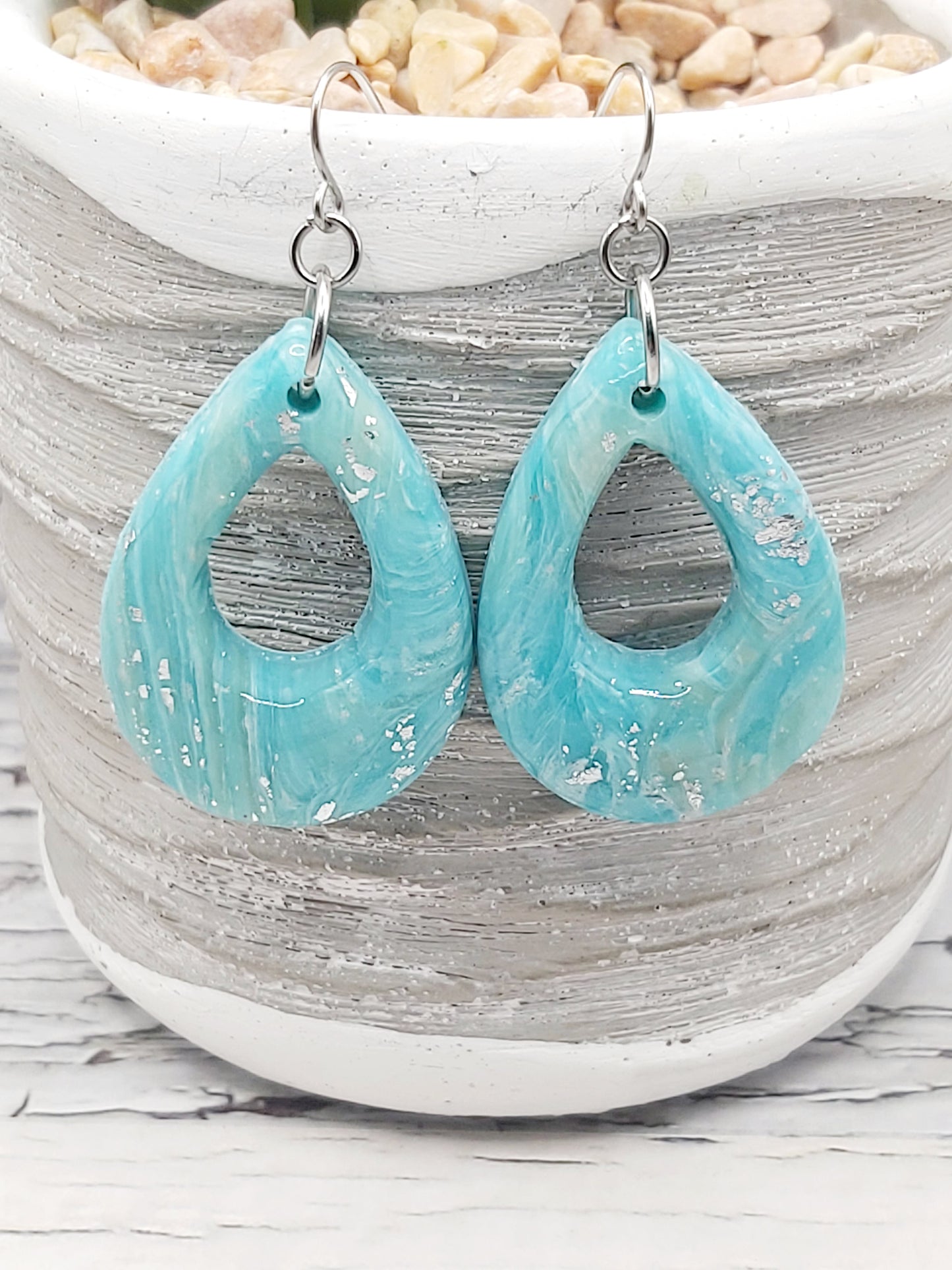 Aqua and Silver Foil Polymer Clay Earrings