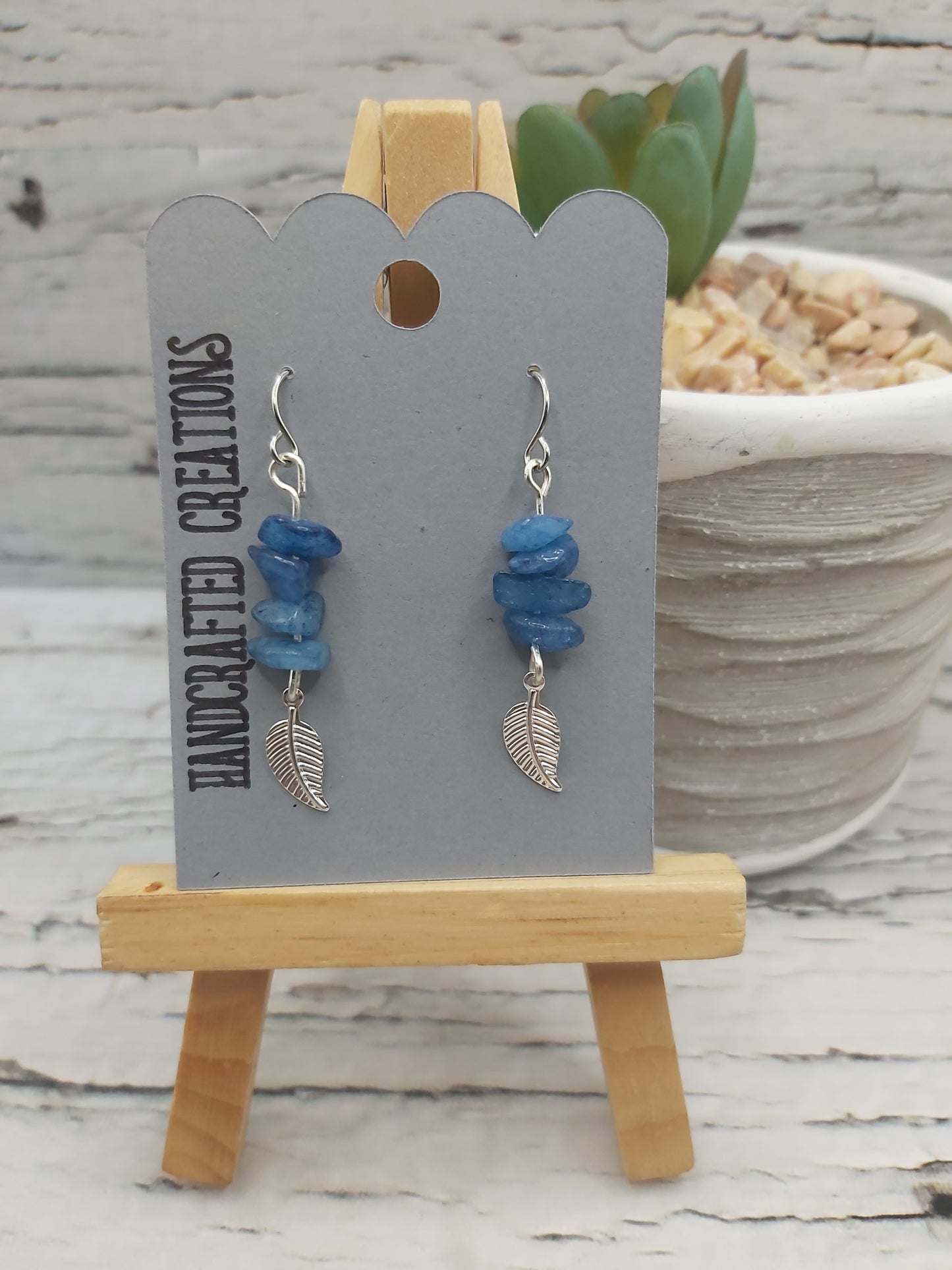Blue Stone Chip Earrings With Leaf Charm