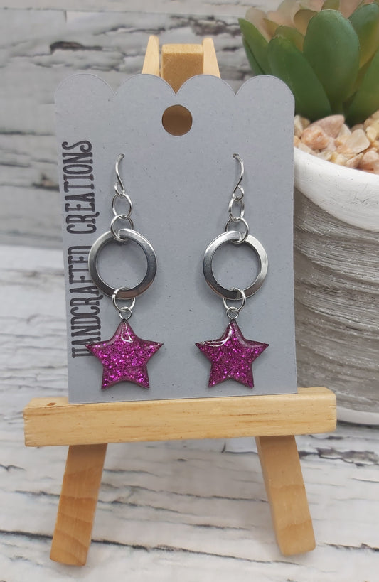 Small Hoop and Pink Star Dangle Earrings
