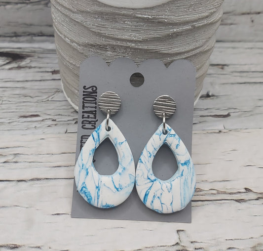 White and Teal Teardrop Polymer Clay Earrings
