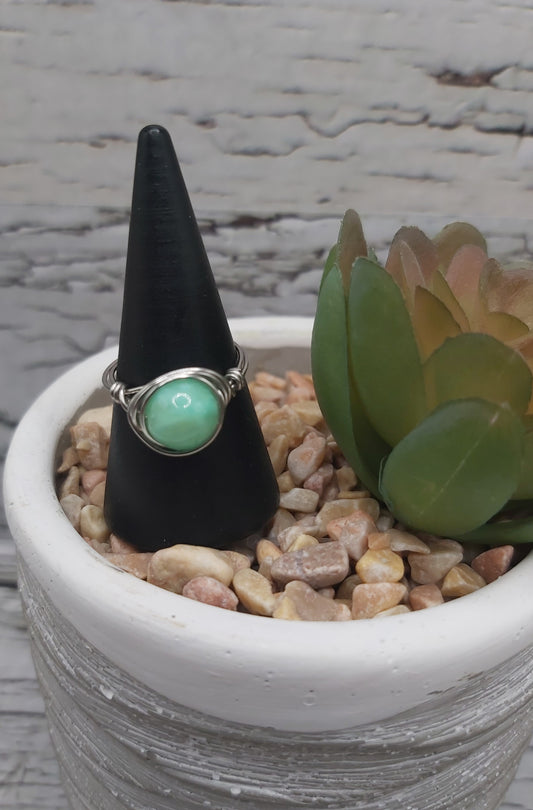 Light Aqua Wire Wrapped Ring- Stainless Steel Wire. Size 5.5