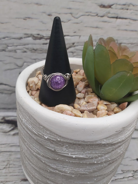 Purple "Crackle" Wire Wrapped Ring- Stainless Steel Wire. Size 6.5