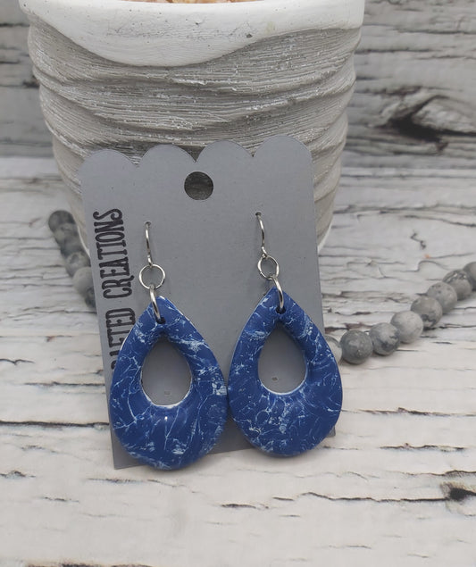 Dark Blue Marbled Teardrop Polymer Clay Earrings
