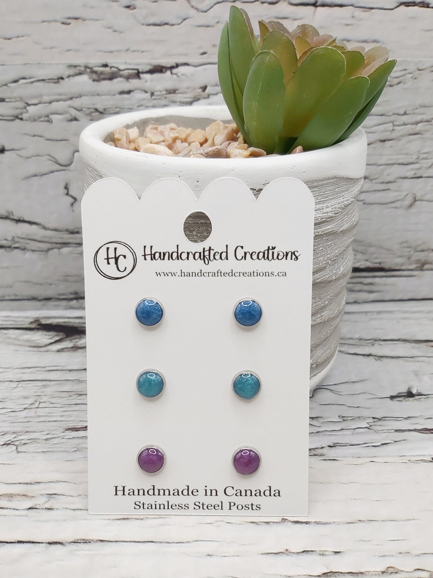 Resin Stud Earring Trio – Stainless Steel Posts (Set of 3 Pairs)Blue,Green and Purple