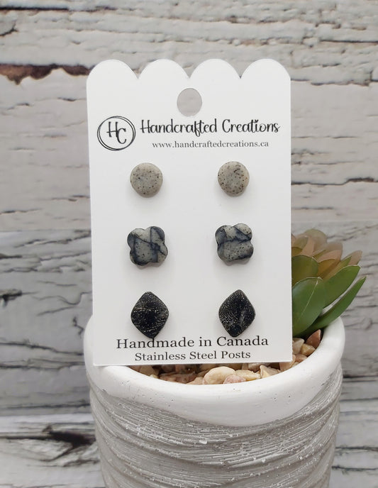 Black and Grey Polymer Clay Stud Trio with Stainless Steel Posts