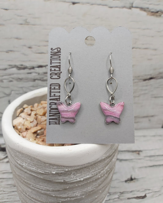 Pink Butterfly Dangle Earrings With Stainless Steel Earwires