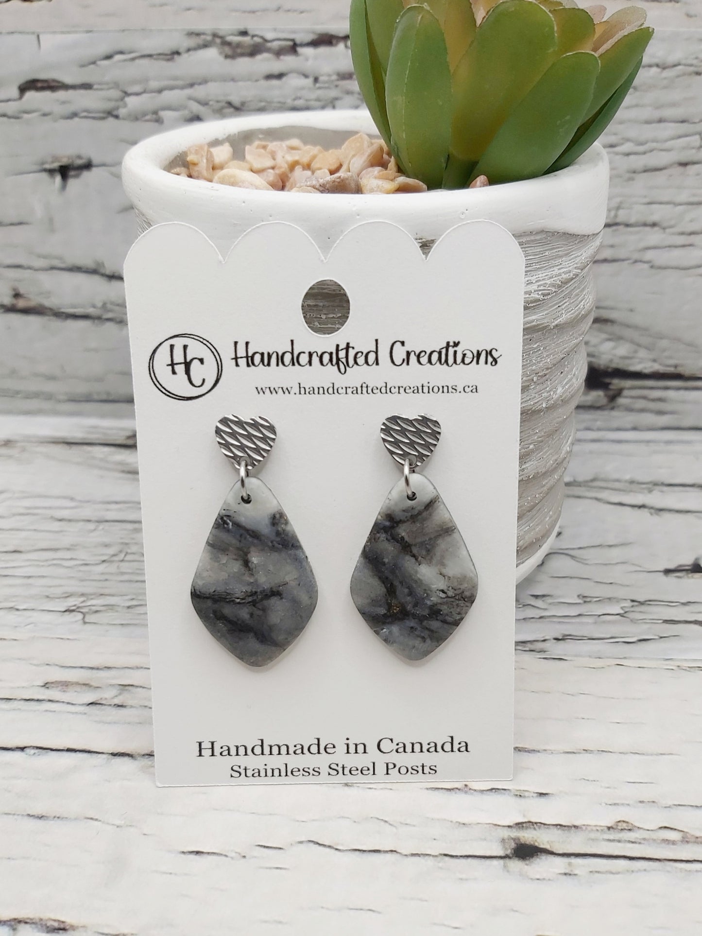 Timeless Collection- Black And Grey Marbled Polymer Clay Dangles With Stainless Steel Posts