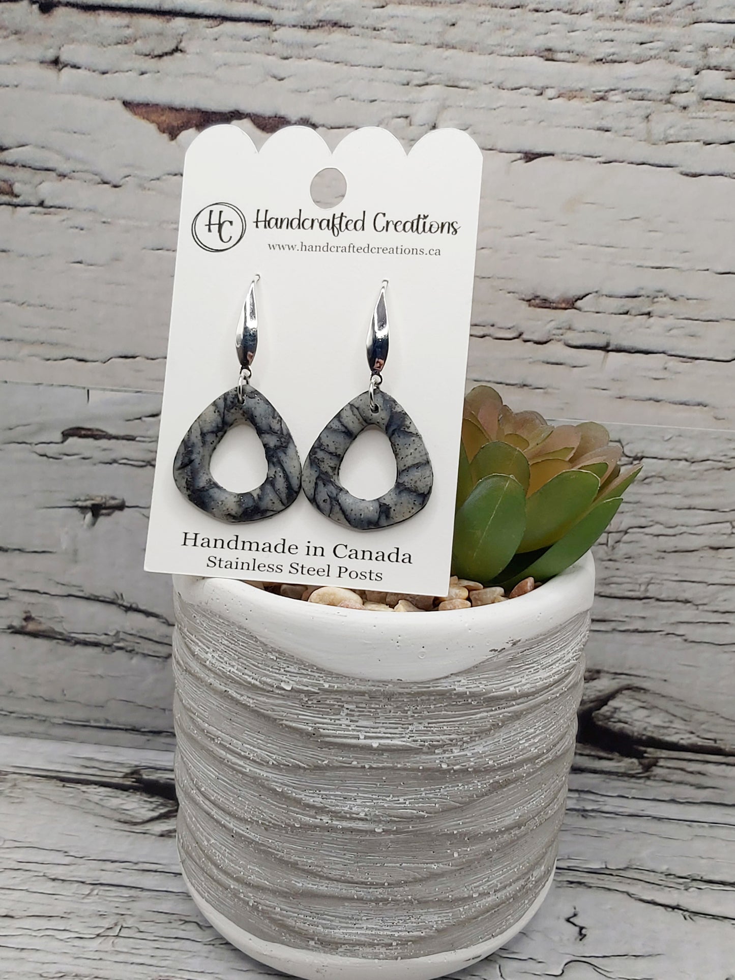 Grey and Black Marbled Teardrop Polymer Clay Earrings With Stainless Steel Wires