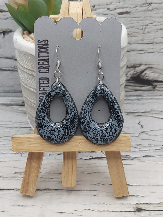 Lacy Black Teardrop Polymer Clay Earrings