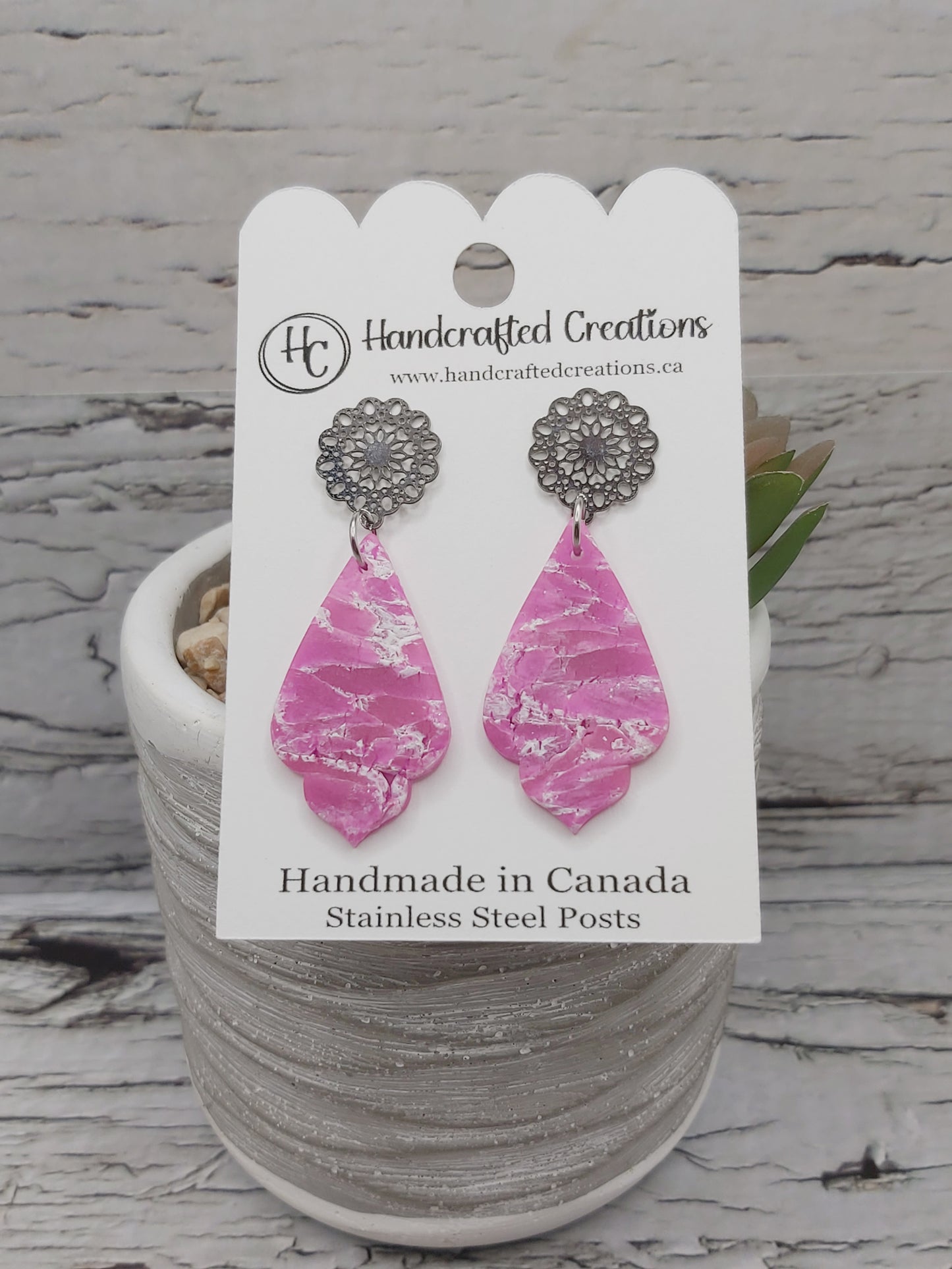 Pink Collection- Pink Marble Polymer Clay Statement Earrings With Stainless Steel Posts