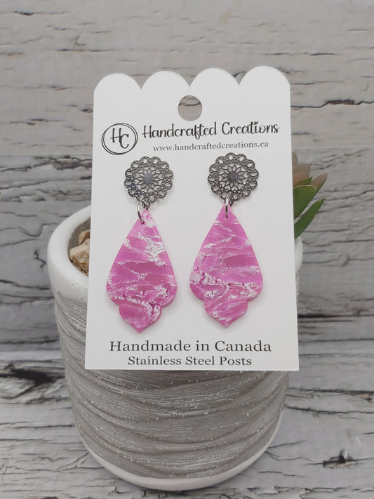 Pink Collection- Pink Marble Polymer Clay Statement Earrings With Stainless Steel Posts