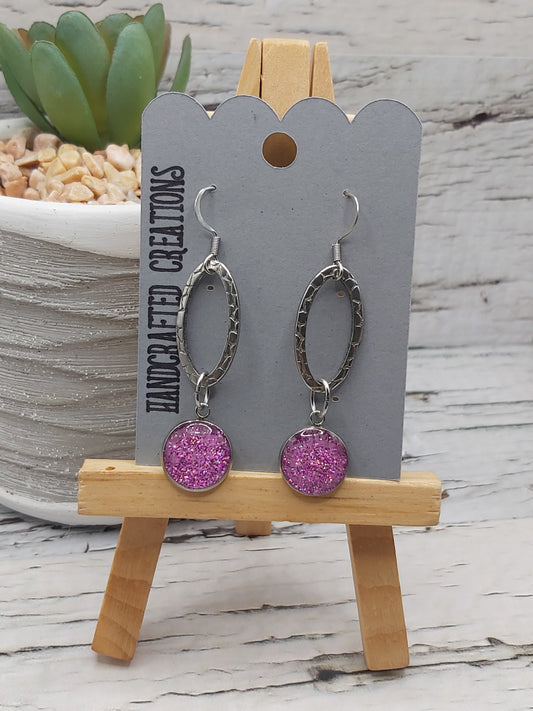 Textured Oval Hoop With Pink Dangle Earrings