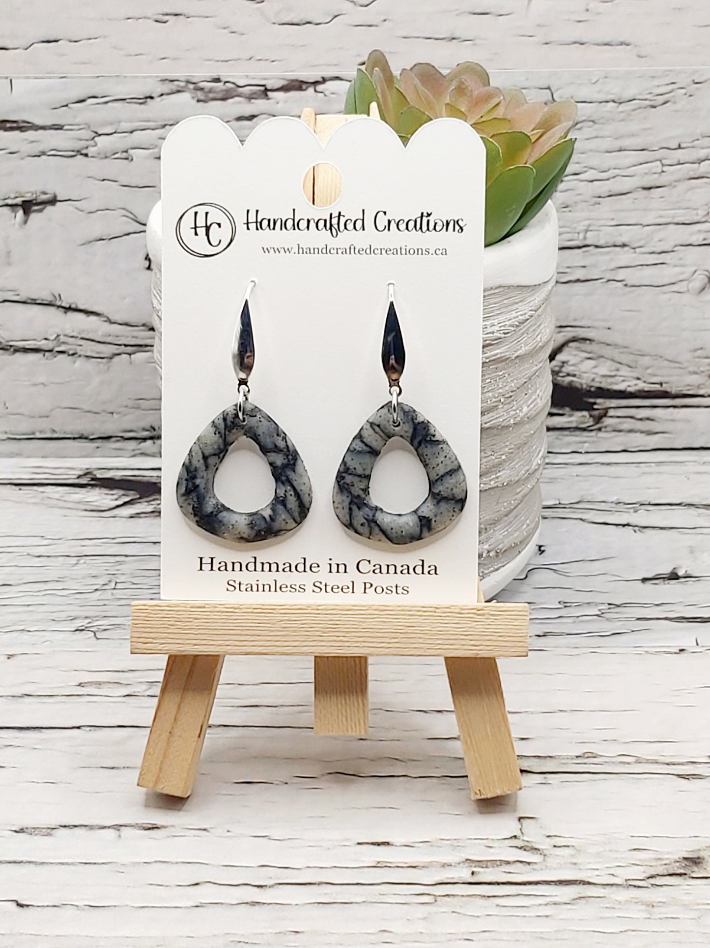 Grey and Black Marbled Teardrop Polymer Clay Earrings With Stainless Steel Wires