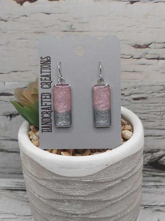 Rectangular Pink and Grey Dangle Earrings with Stainless Steel Hooks