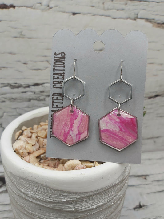 Pink Hexagon Earrings(Stainless Steel, Polymer Clay and Resin)