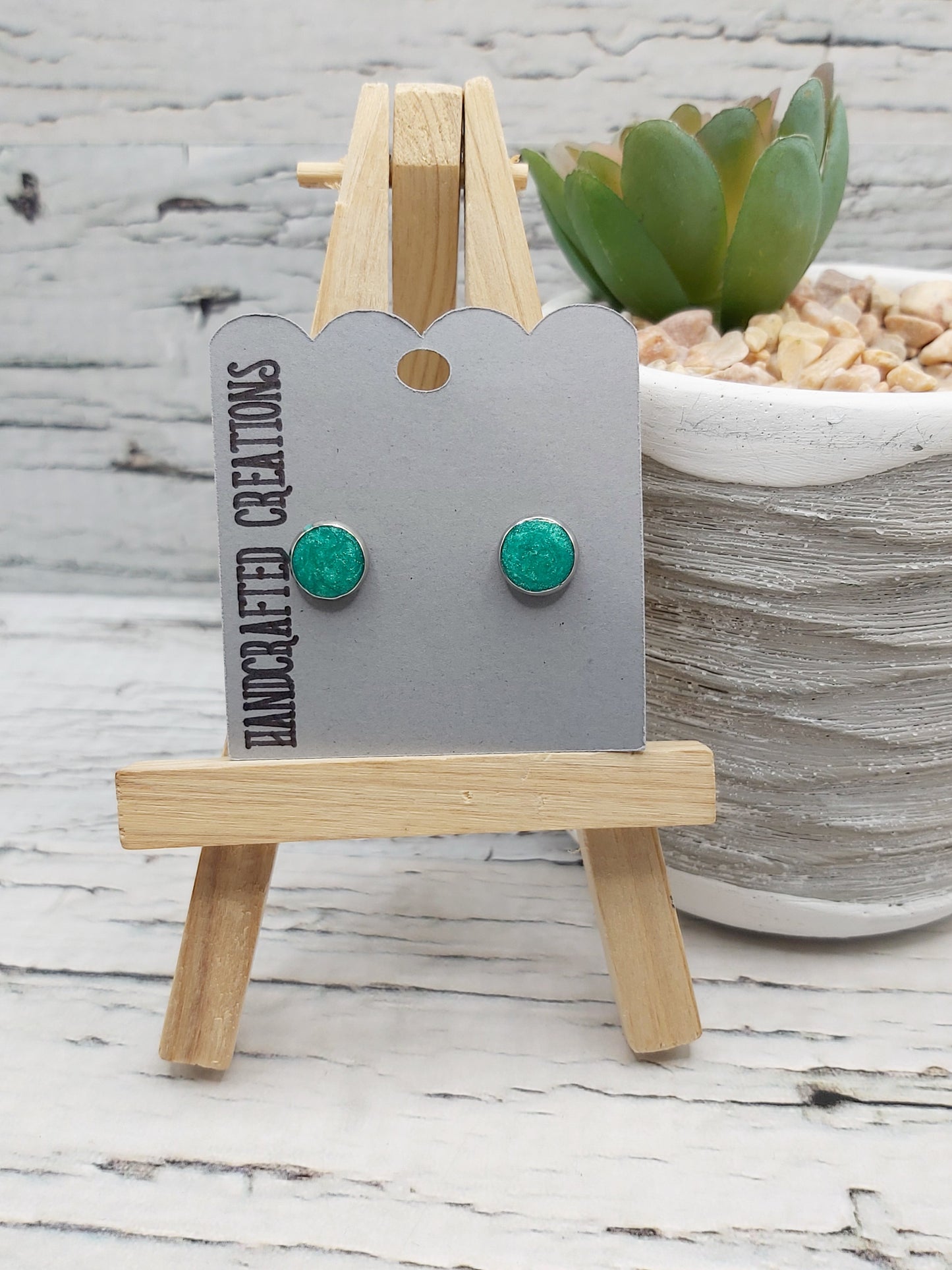 Vibrant Aqua Green Resin and Stainless Steel Stud Earrings