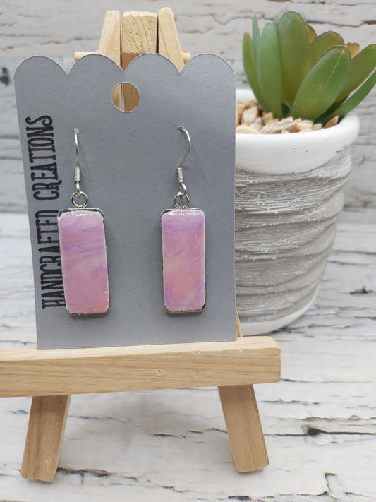 Rectangular Bezel Earrings With Pink and Purple Swirled Polymer Clay and Resin