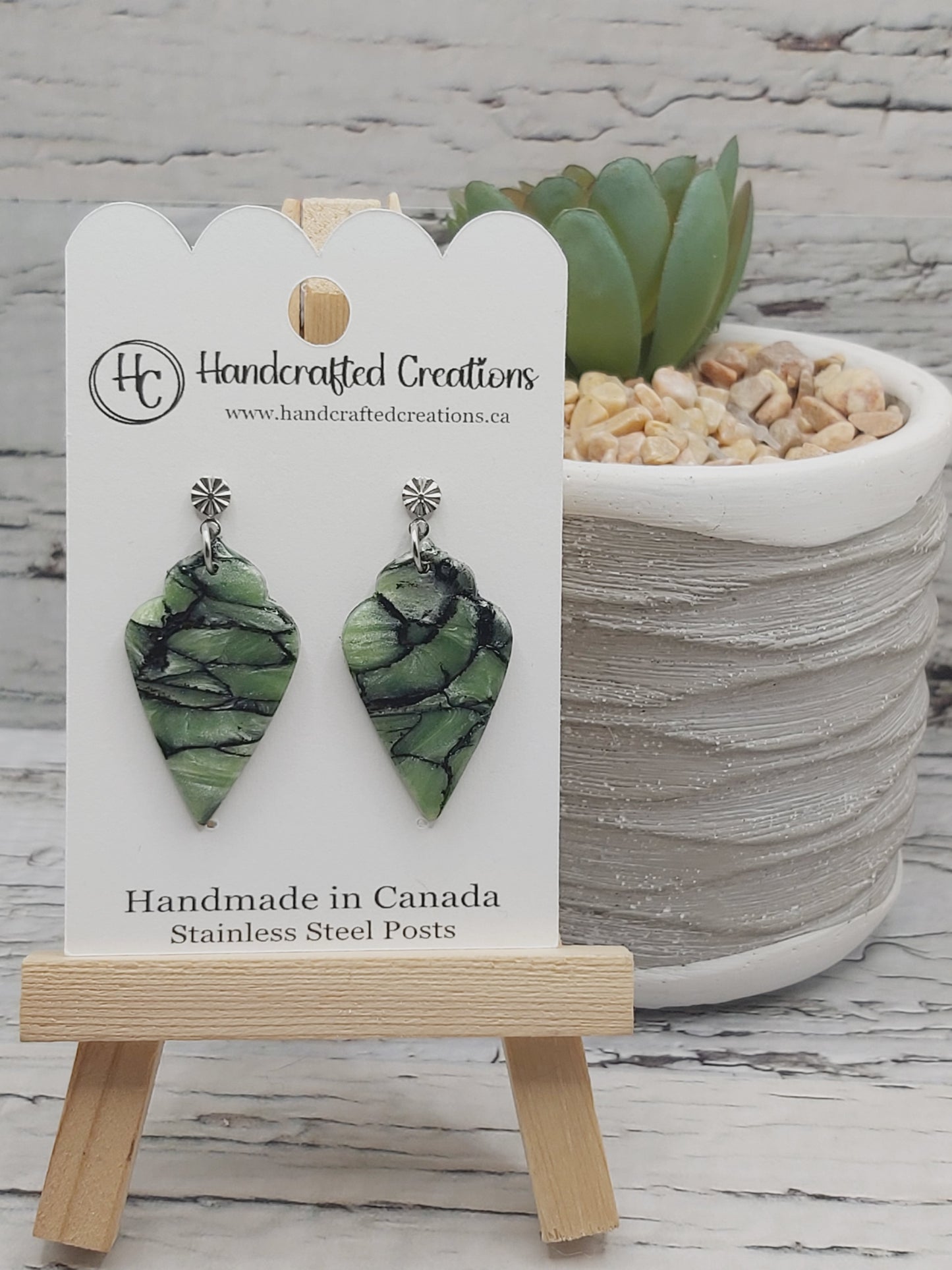 Green and Black Marble Polymer Clay Earrings With Stainless Steel Posts