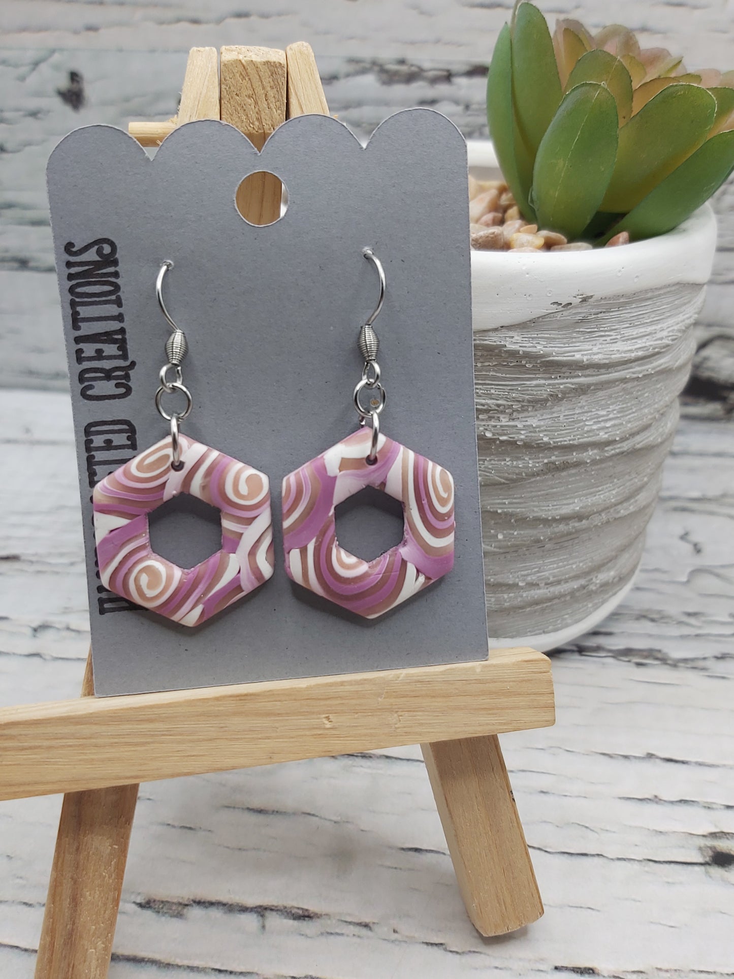 Polymer Clay Hexagon Earrings in Shades of Pink