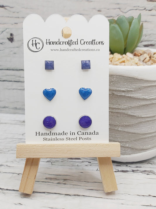 Resin and Stainless Steel Stud Pack- Shades of Blue and Purple