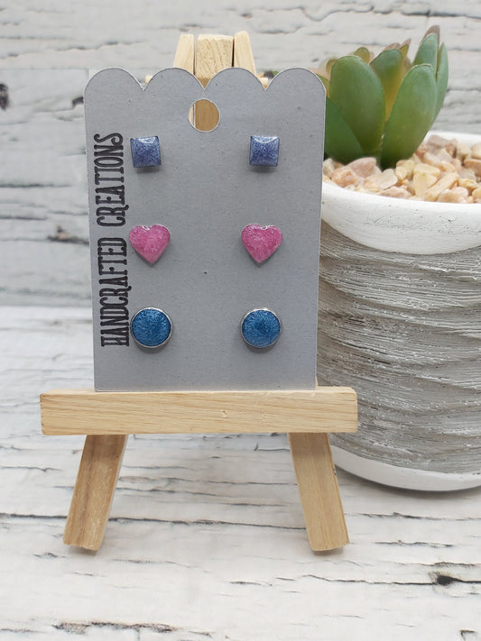 Resin & Stainless Steel Stud Earrings Set – Pink Hearts,Blue Circles and Purple Squares (3 Pairs)