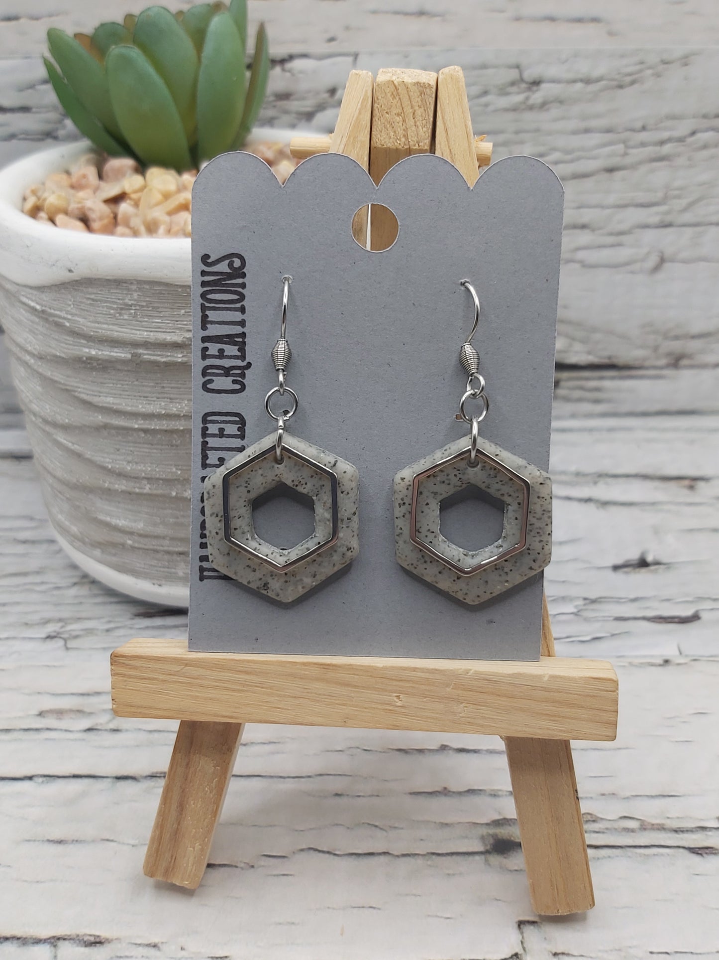 Speckled Granite Hexagon Earrings, Modern Geometric Polymer Clay Dangles, Minimalist Industrial Jewelry, Stainless Steel