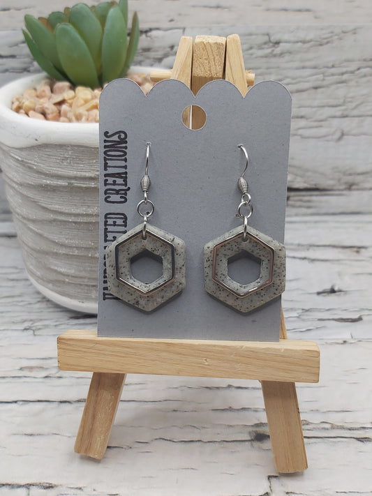 Speckled Granite Hexagon Earrings, Modern Geometric Polymer Clay Dangles, Minimalist Industrial Jewelry, Stainless Steel