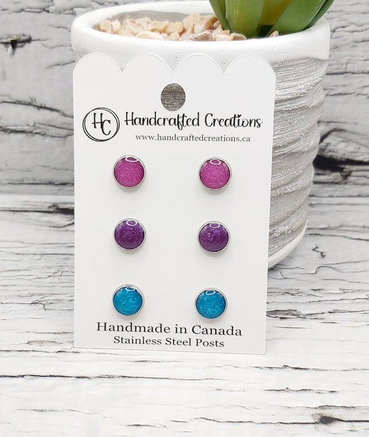 Resin and Stainless Steel Studs- Pink, Purple and Turquoise