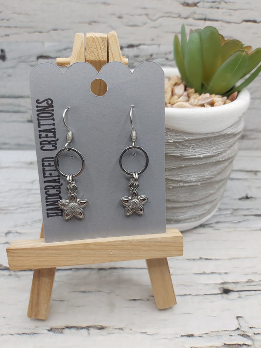 Stainless Steel Hoop and Flower Dangle Earrings