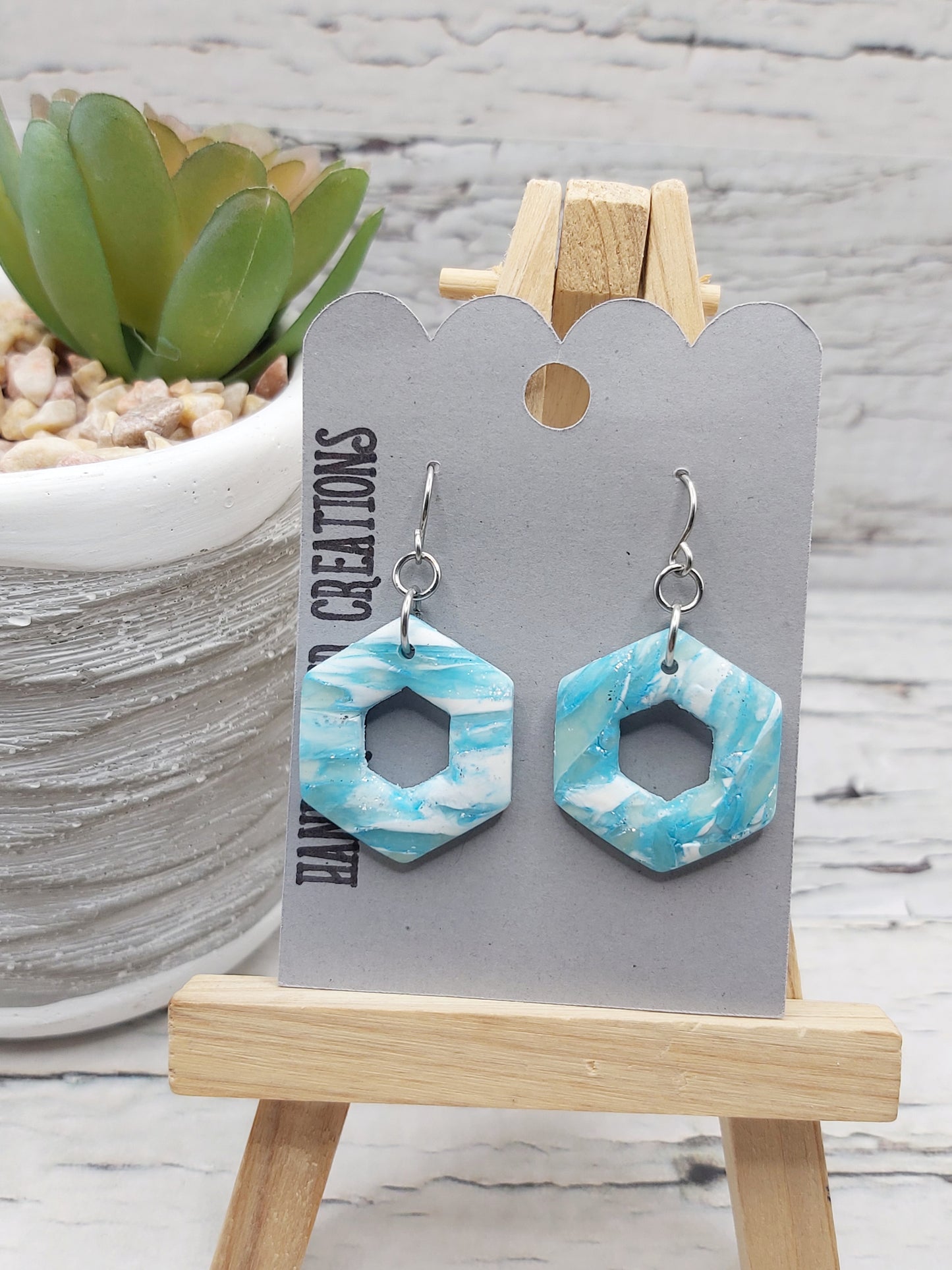 Shades of Turquoise Hexagon Polymer Clay Earrings