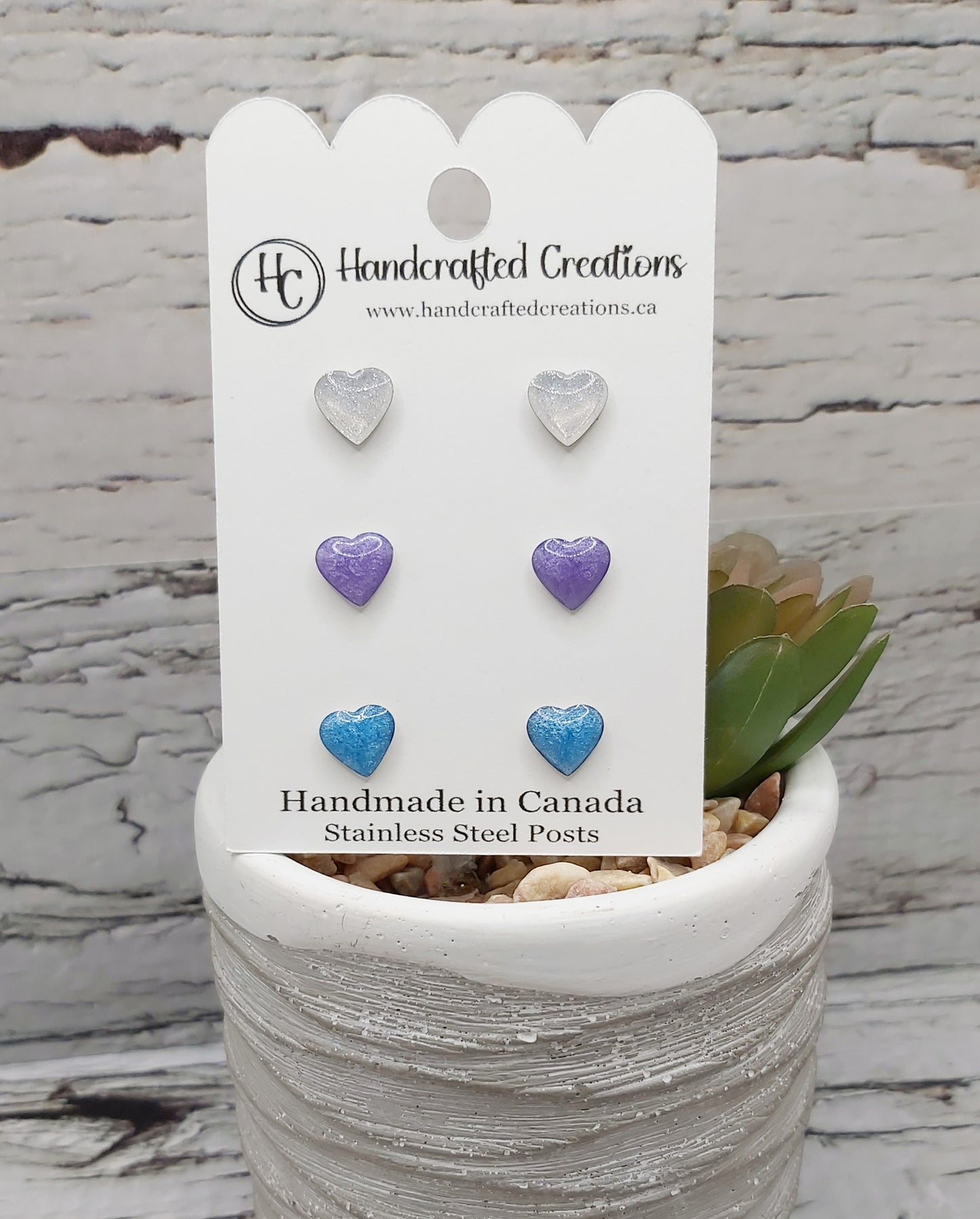 Resin and Stainless Steel Heart Studs- White, Purple and Blue