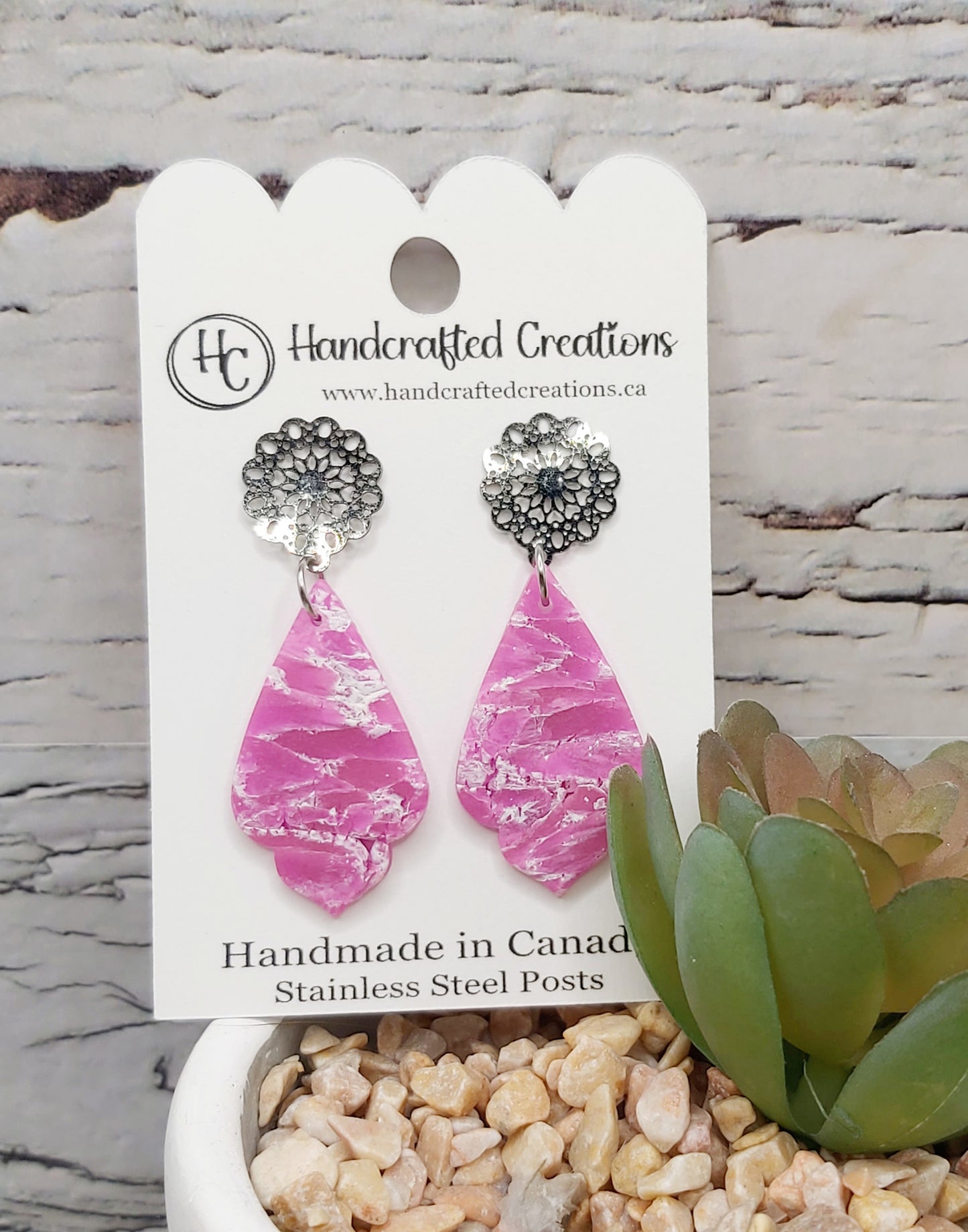 Pink Collection- Pink Marble Polymer Clay Statement Earrings With Stainless Steel Posts